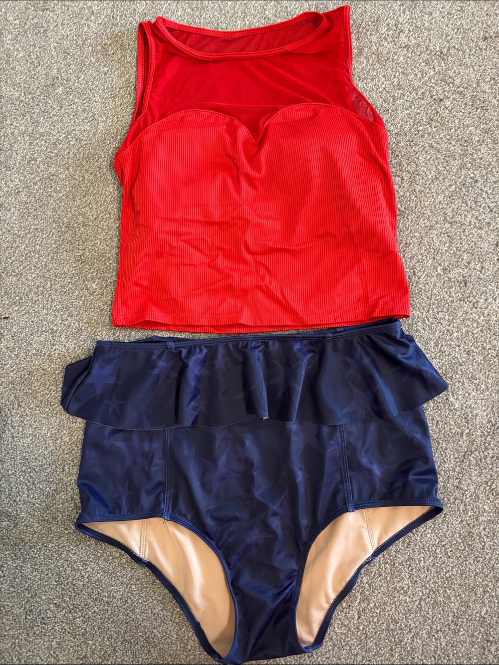 Kortni Jeane Red Sheer top, Star Navy High waisted bottoms